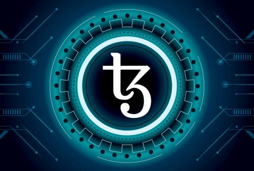 Tezos logo on a futuristic background that looks like a circut board