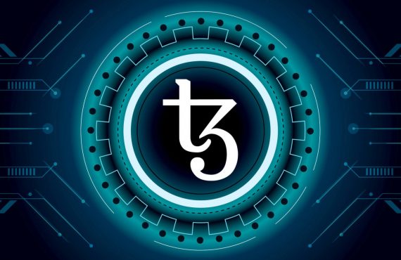 Tezos logo on a futuristic background that looks like a circut board